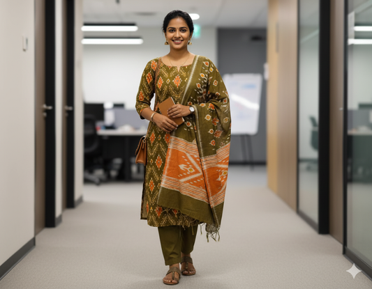 Orange & Olive Green Cotton Salwar