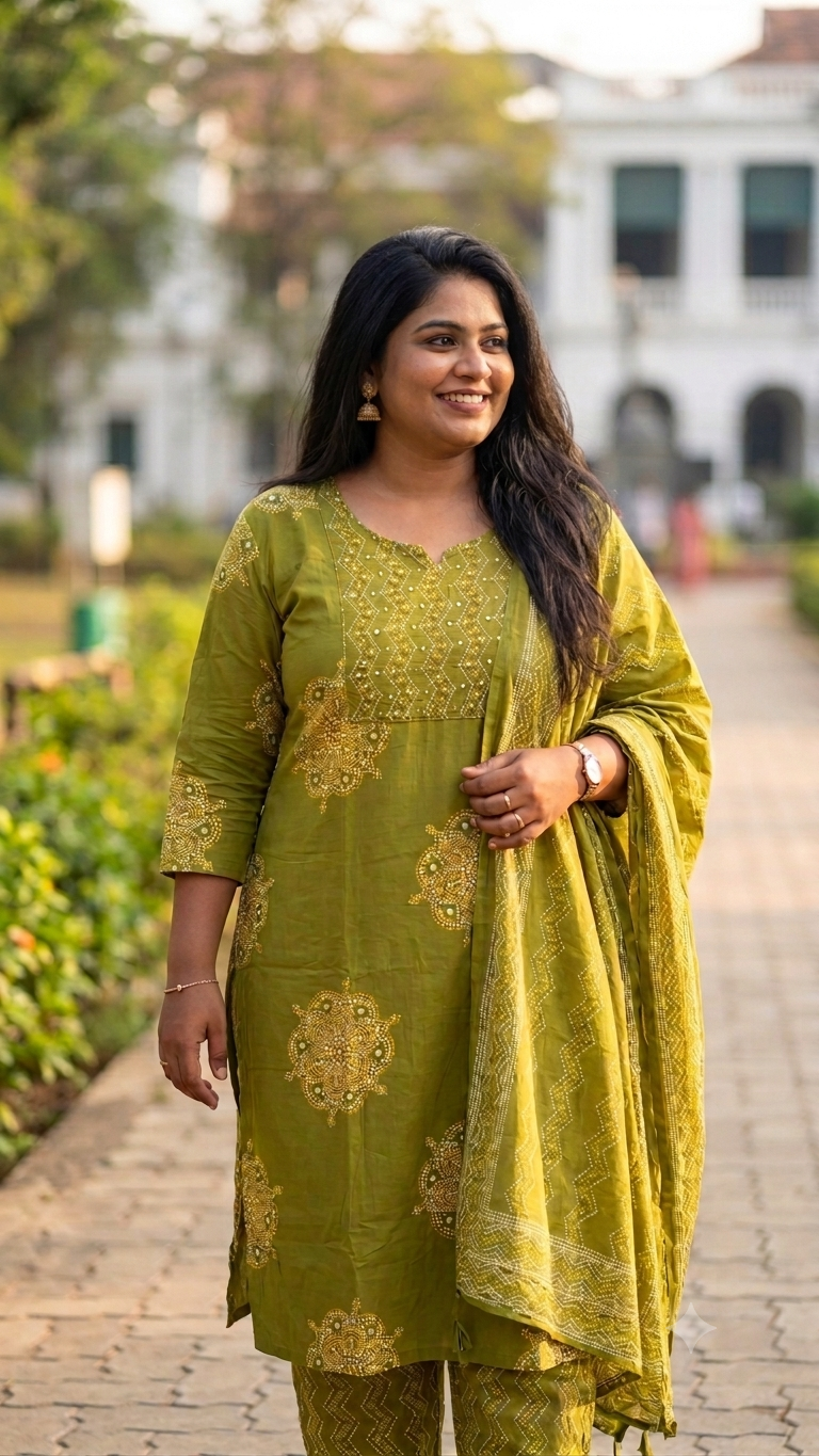 Olive Green Bandhini Printed Plus Size Salwar
