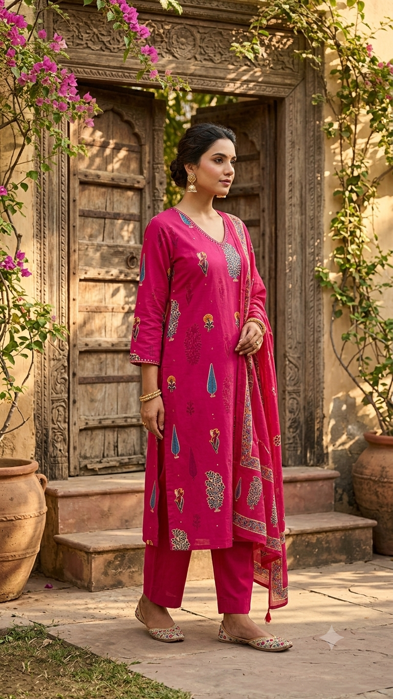 Fuchsia Pink Printed Cotton Salwar