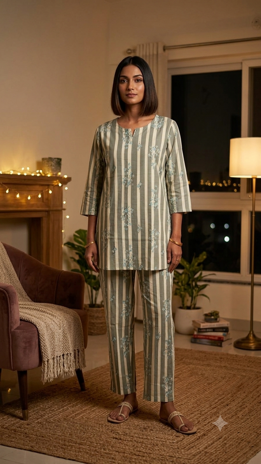 Sage Stripe & Floral Printed Cotton Night Suit