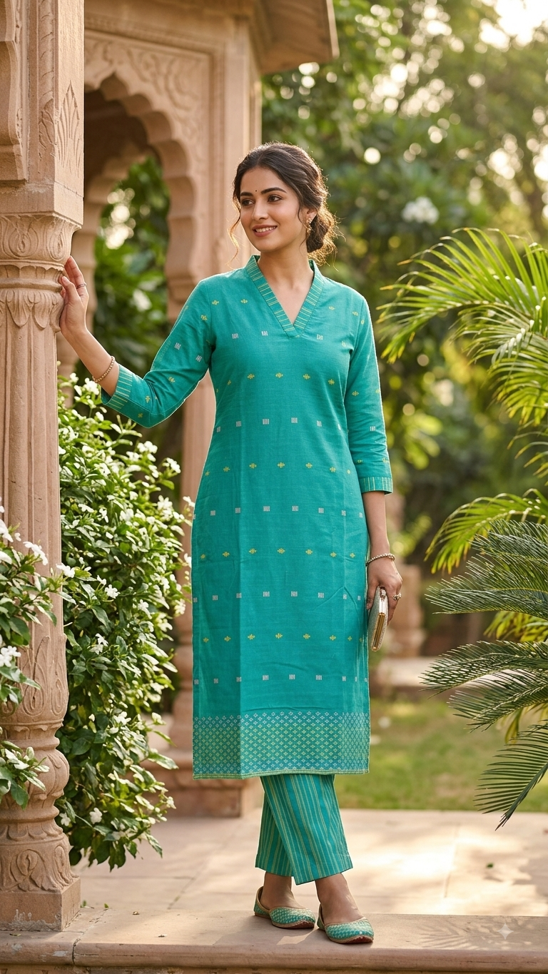 Teal Handloom Cotton Kurta Pant