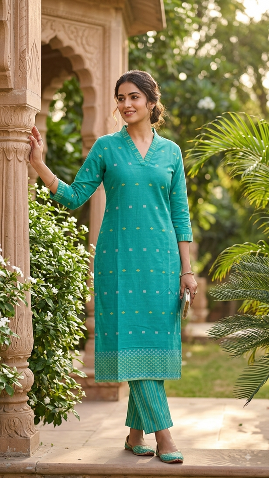 Teal Handloom Cotton Kurta Pant