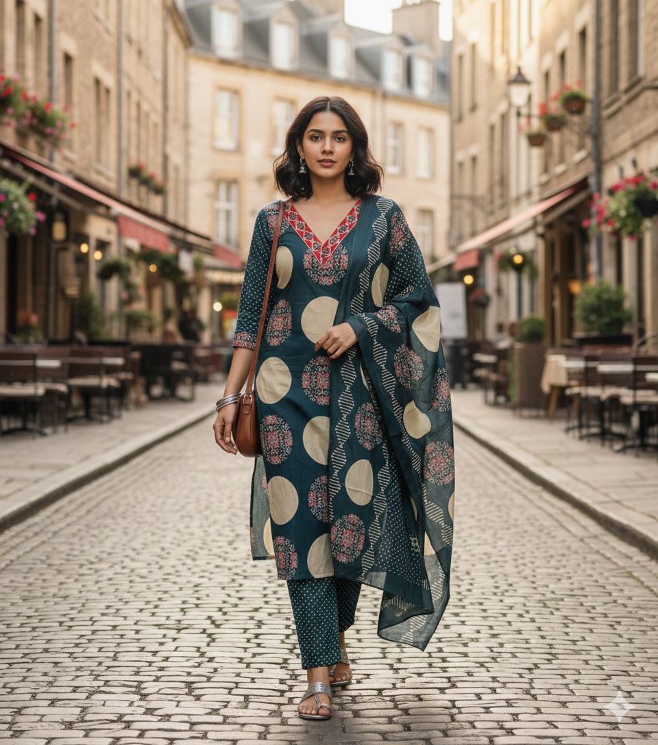 Teal Beige Print Cotton Suit