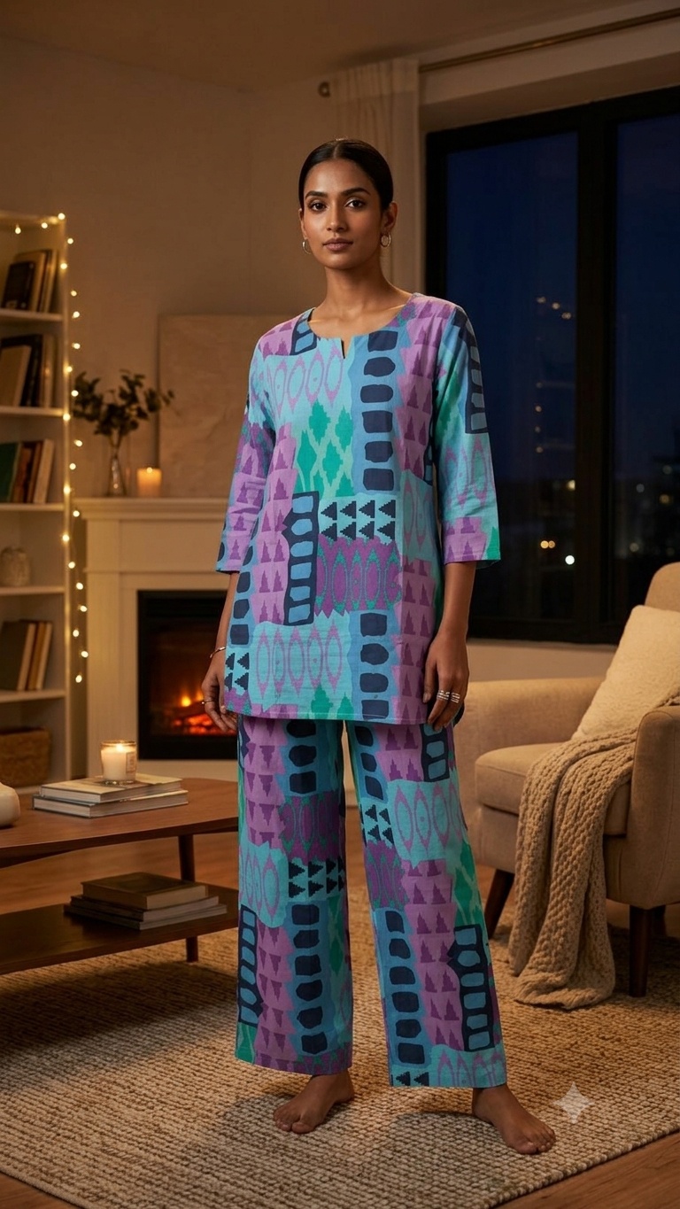 Aqua Lilac Geometric Cotton Night Suit