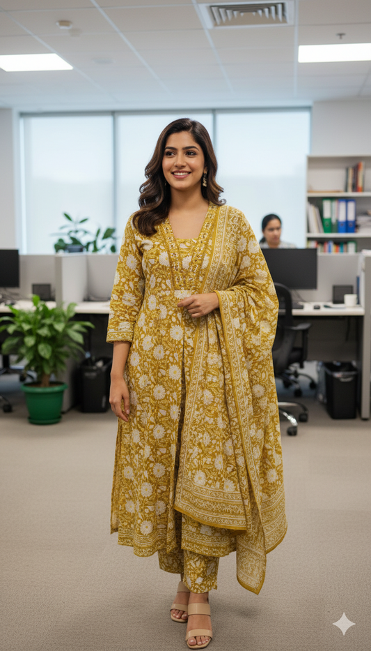 Yellow Cotton Flare fit salwar