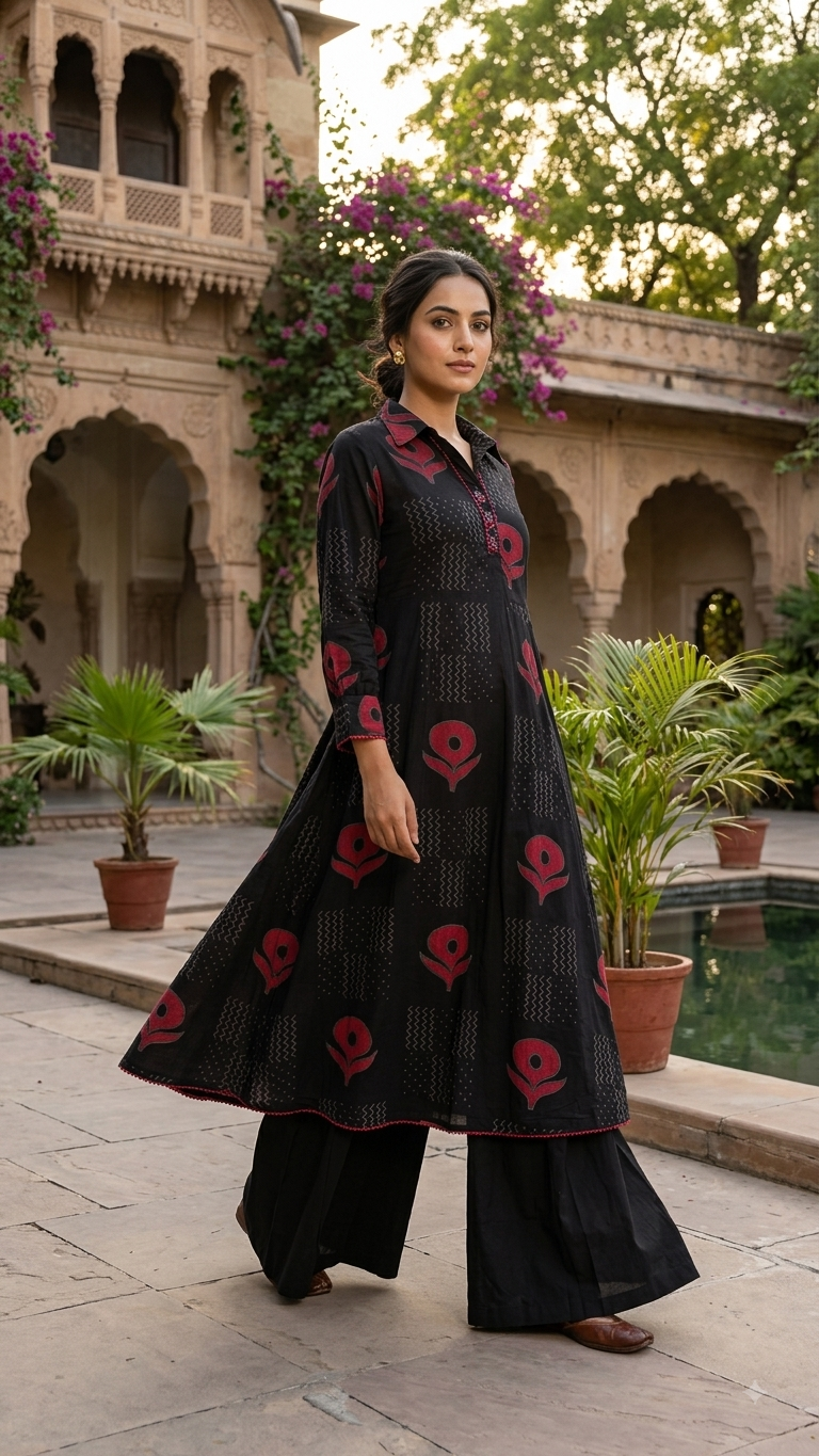 Black Red Abstract A-Line Kurta Pant Set