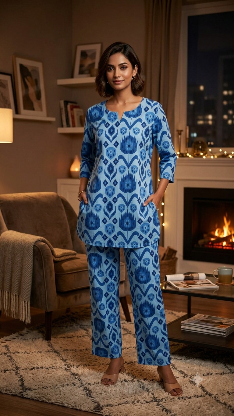 Indigo Blue Geometric Printed Cotton Night Suit
