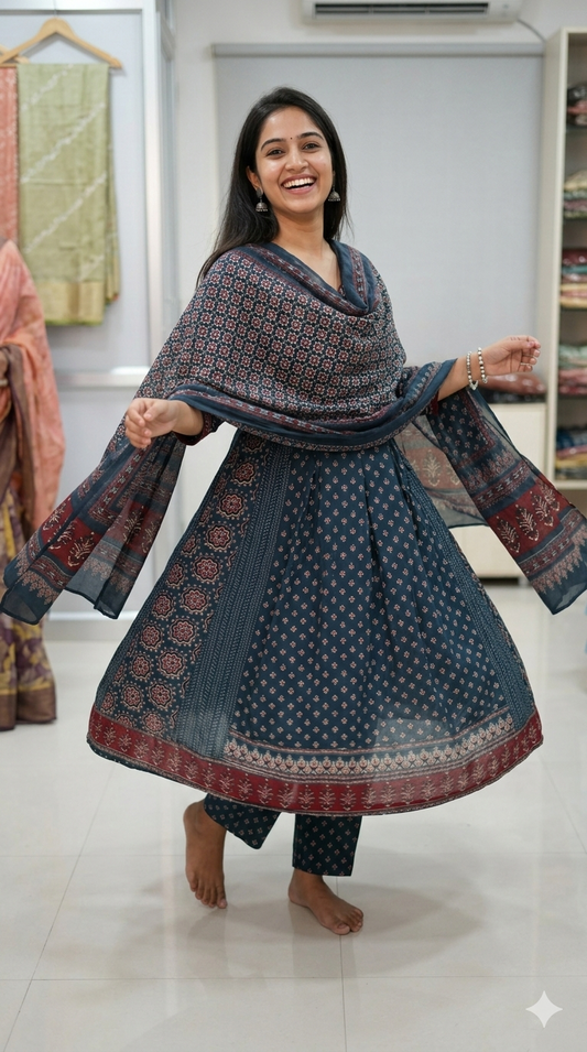 Midnight Blue Heritage Cotton Anarkali