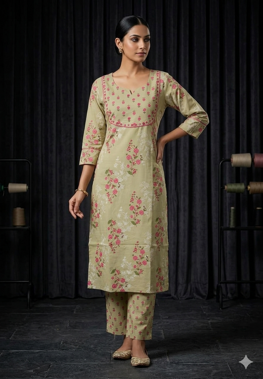 Beige Blossom Kurta Pant