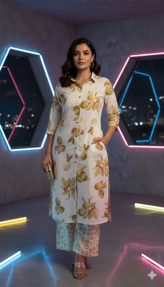 Beige Sunflower Kurta Pant