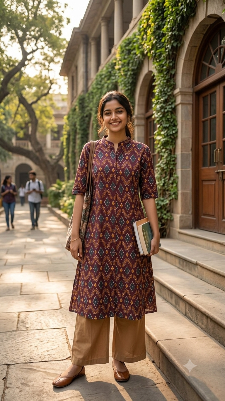 Maroon Ikat Print A-Line Cotton Kurta