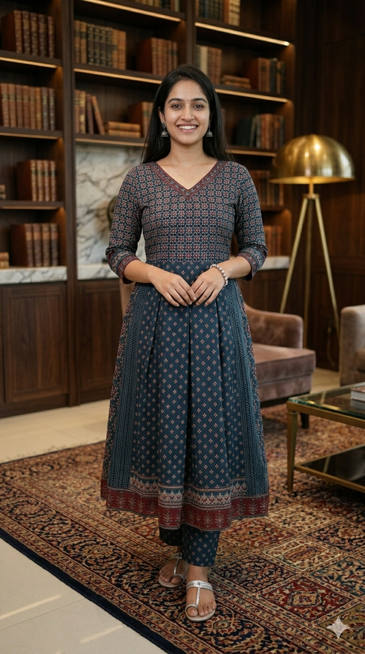 Midnight Blue Heritage Cotton Anarkali