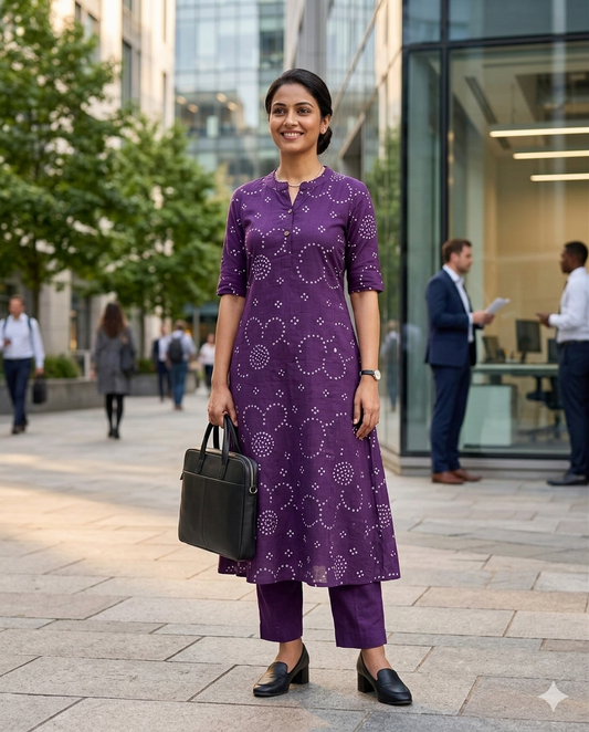 Plum Bandhani Cotton A-Line Kurta Set