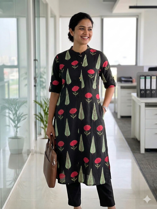 Midnight Bloom Cotton Kurta Pant