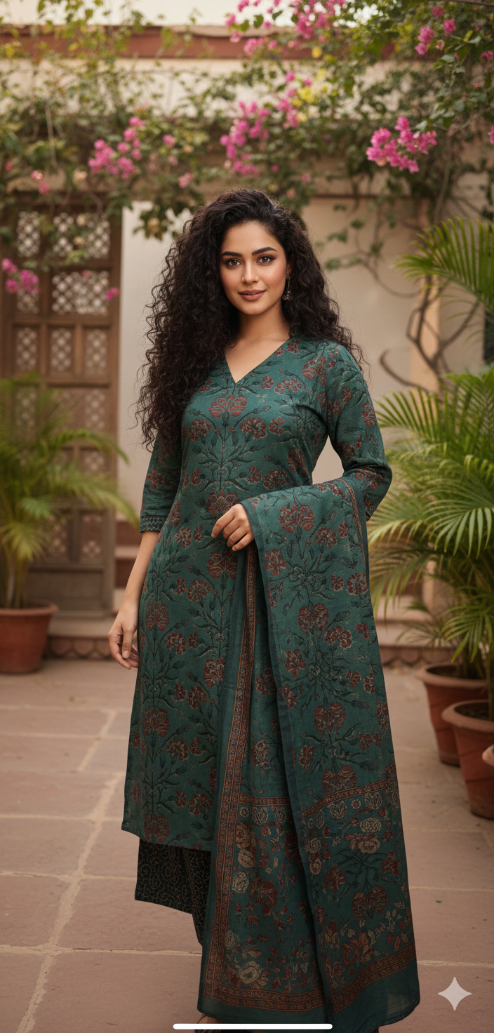 Emerald Green Floral Cotton Salwar