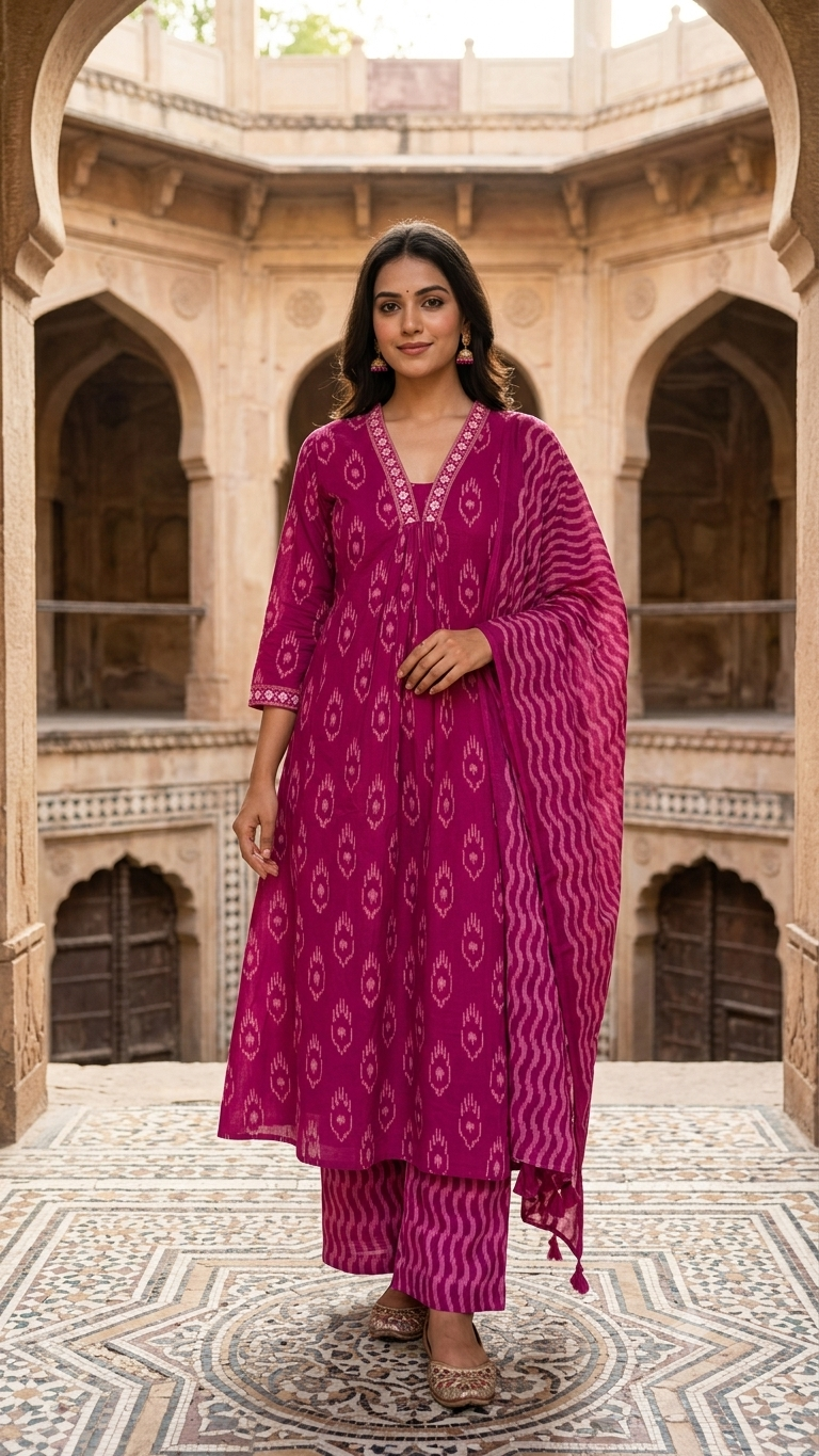 Magenta Ikat Pure Cotton A-Line Salwar
