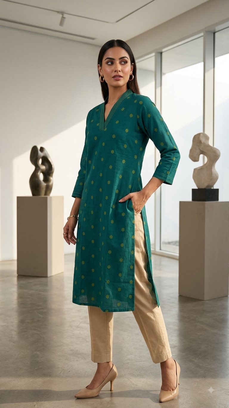 Teal Green Motif Straight Cotton Kurta