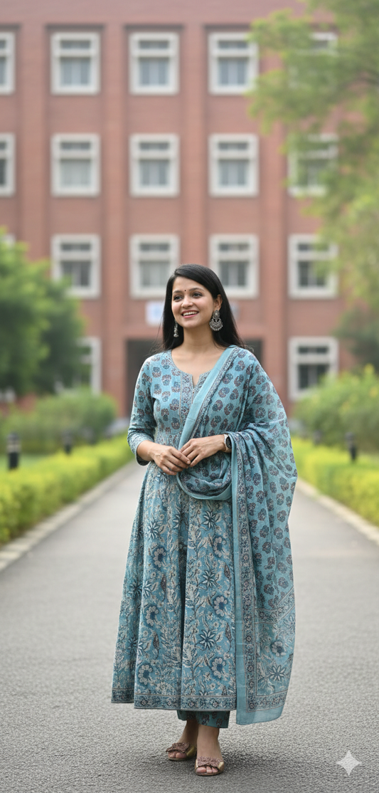 Serene Aqua Blossom Anarkali