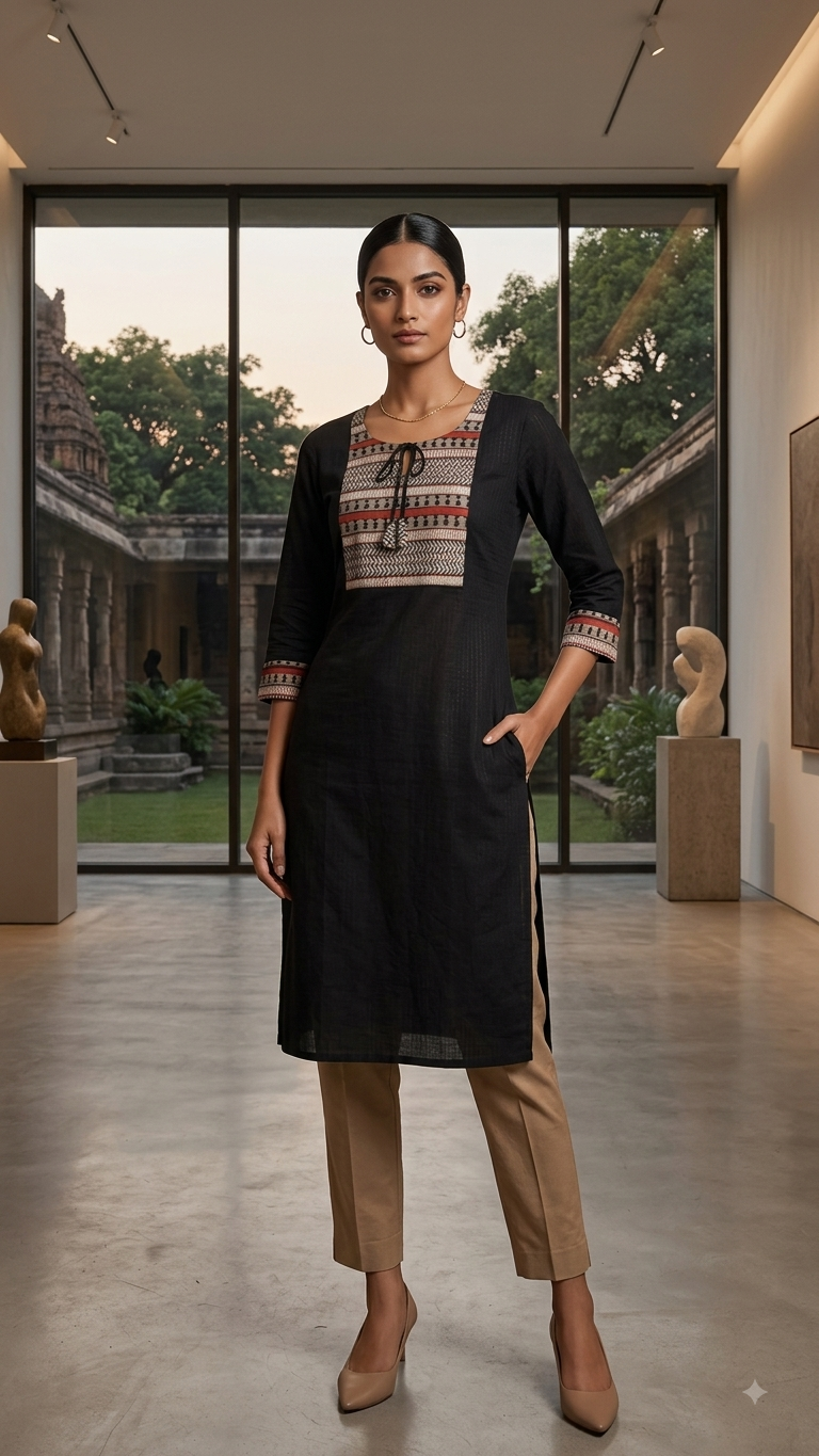 Black Ethnic Yoke Detail Straight Cotton Kurta