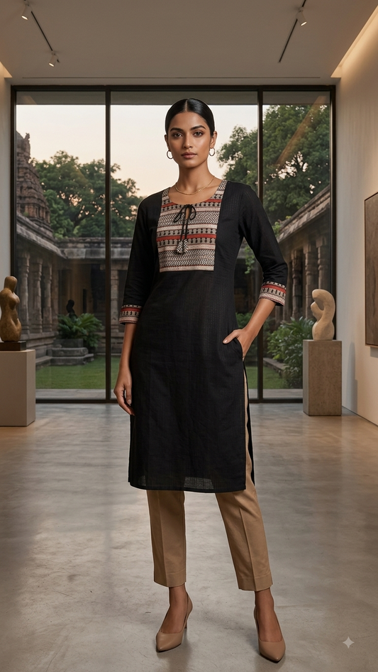 Black Ethnic Yoke Detail Straight Cotton Kurta