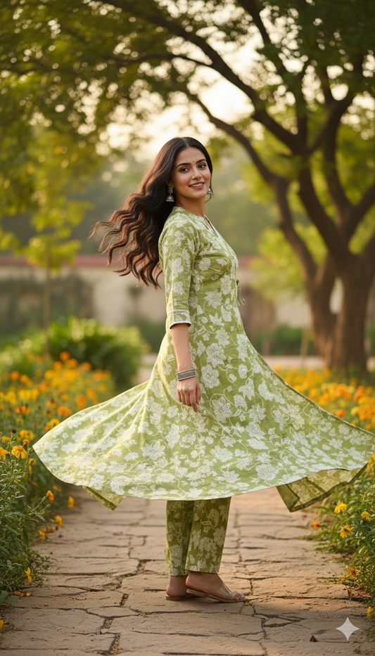 Olive Bloom Angrakha Cotton Co-Ord