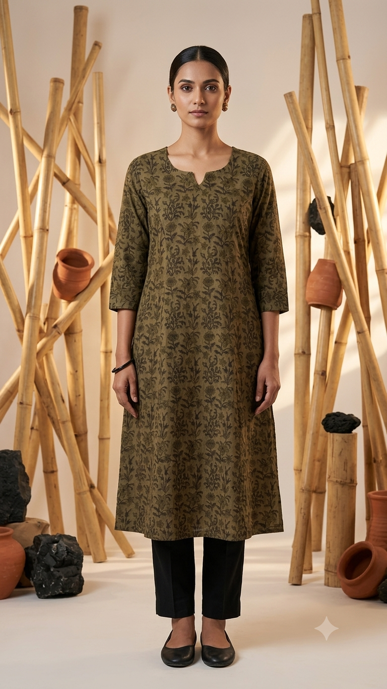 Olive Heritage Pure Cotton A-Line Kurta