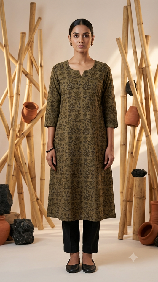 Olive Heritage Pure Cotton A-Line Kurta