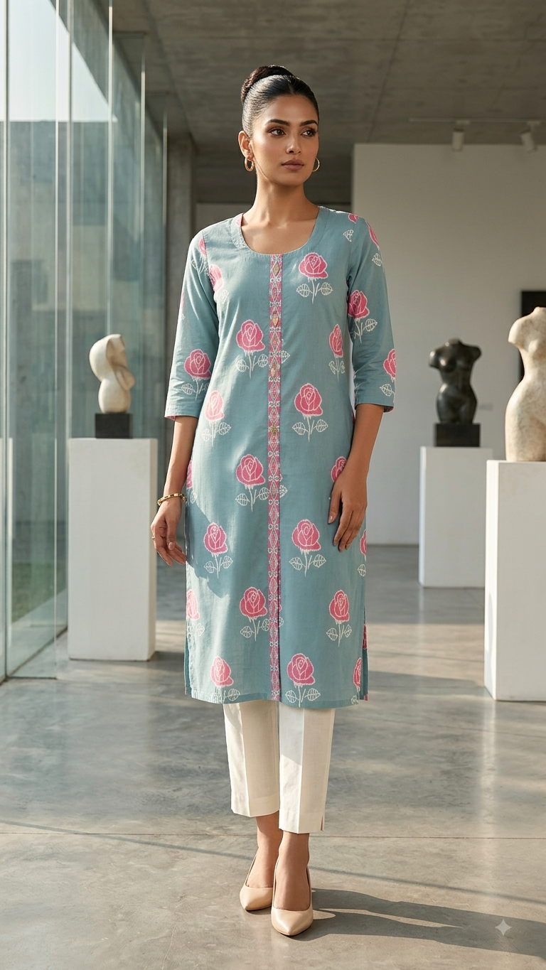Rose Print Cotton Straight Kurta