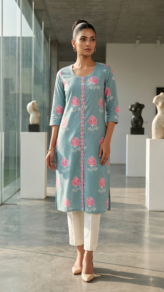 Rose Print Cotton Straight Kurta
