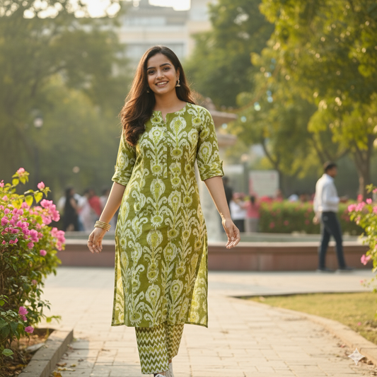 Leaf Green Batik Kurta Pant