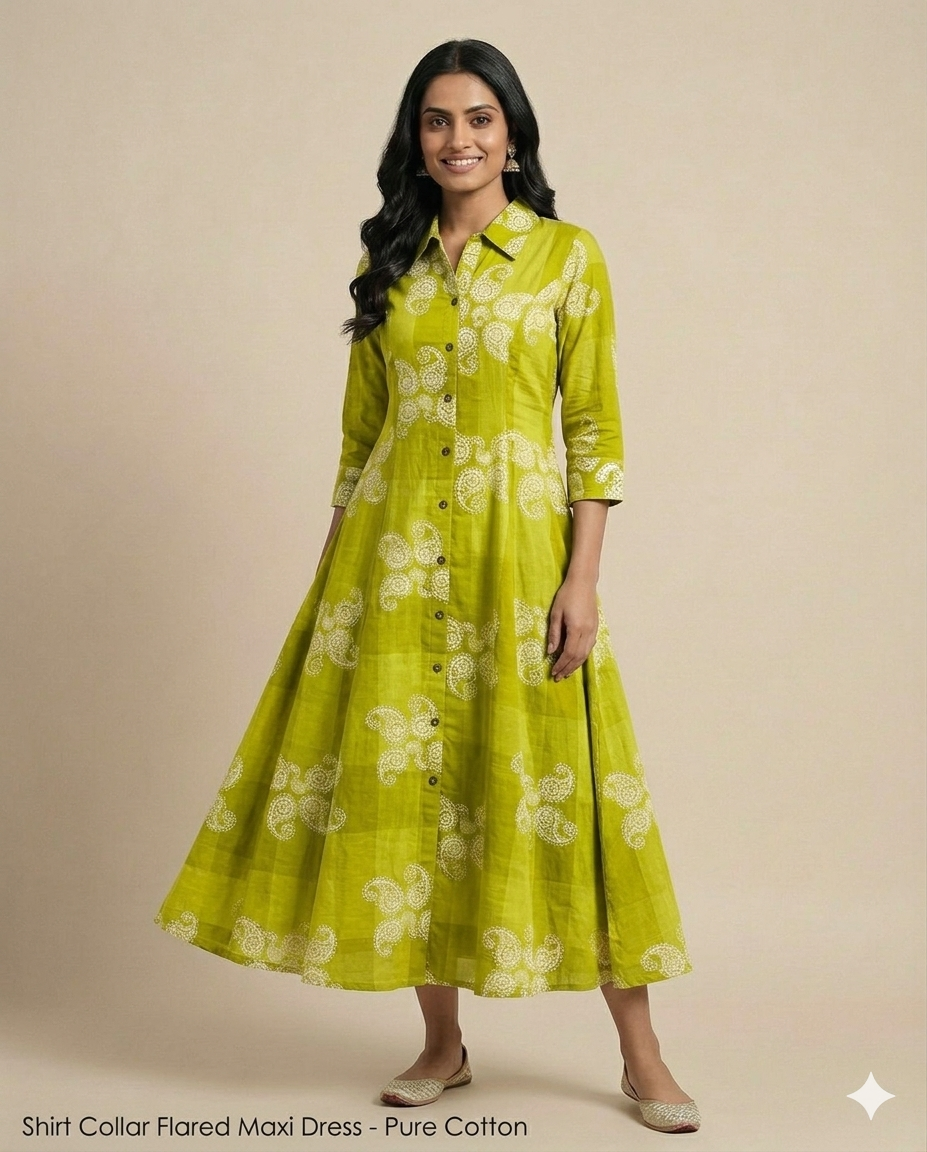 Lime Bloom Shirt-Collar Flared Maxi