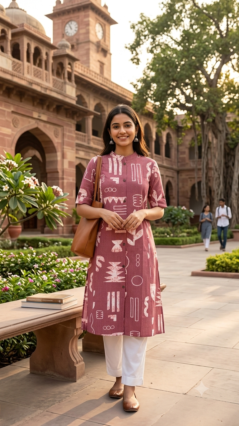 Dusty Rose Abstract Print A-Line Cotton Kurta