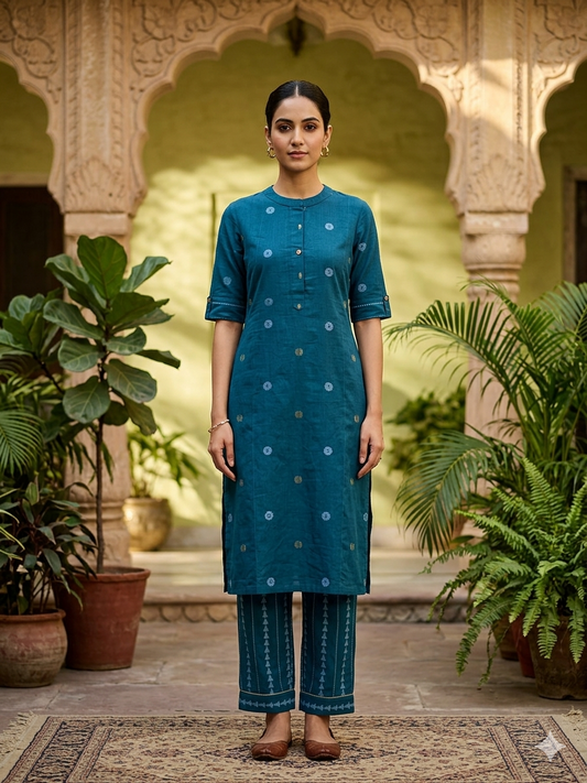 Teal Heritage Handloom Cotton Kurta Pant