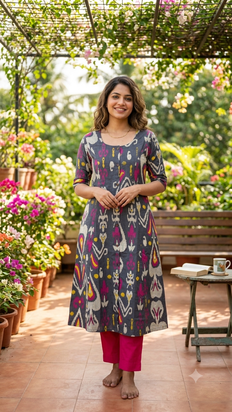 Charcoal Grey Ikat Cotton Kurta