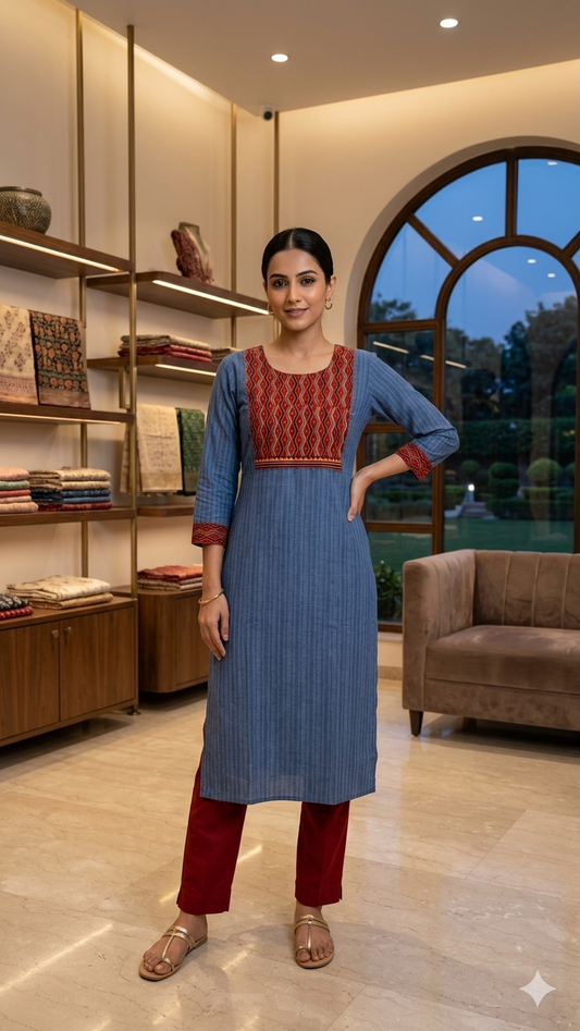 Indigo Stripe Kurta with Ethnic Yoke