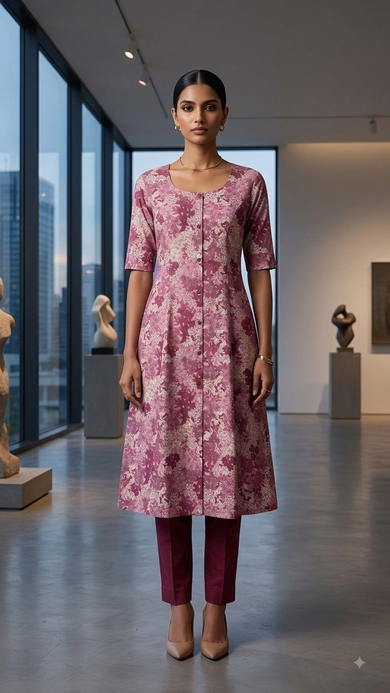 Rosewood Floral Printed A-Line Cotton Kurta