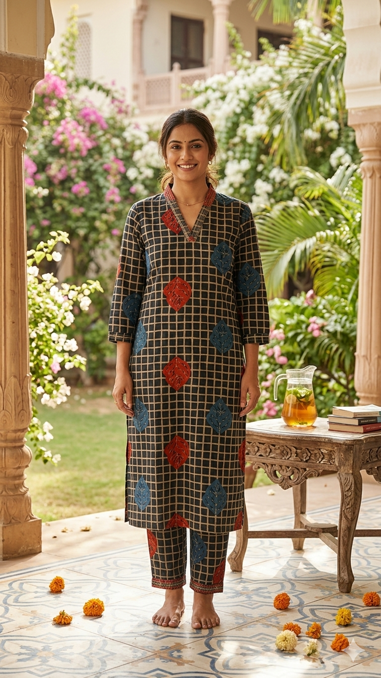 Black Checkered Cotton Kurta Set