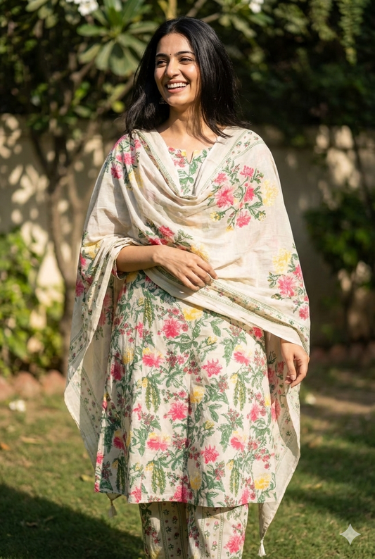 Ivory Bloom Cotton A-Line Salwar