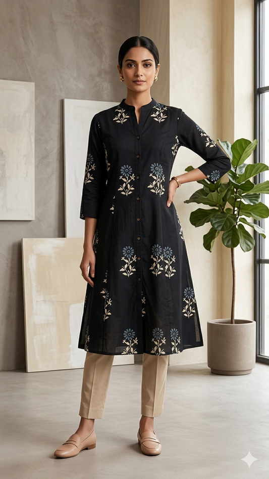 Midnight Floral Cotton A-Line Kurta