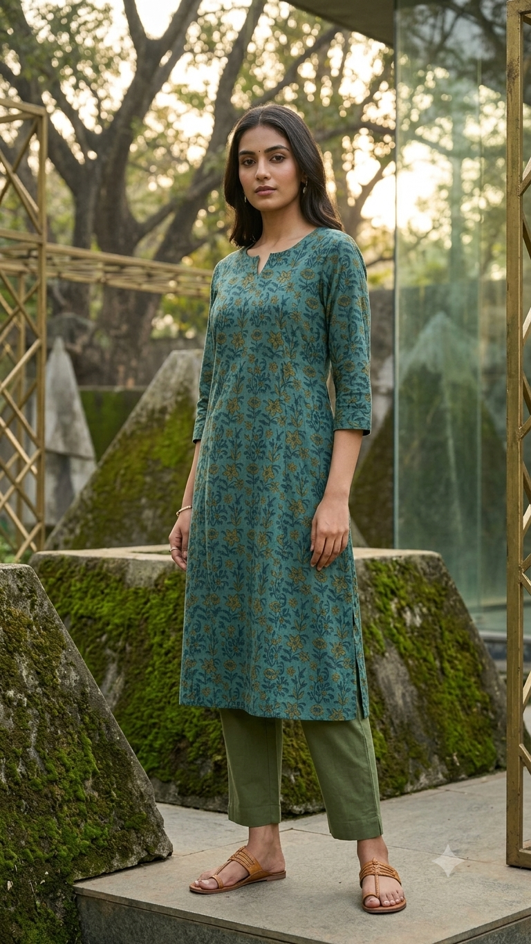 Teal Blue Floral Printed A-Line Kurta