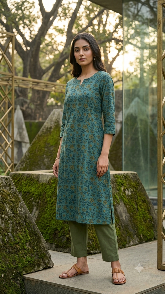 Teal Blue Floral Printed A-Line Kurta