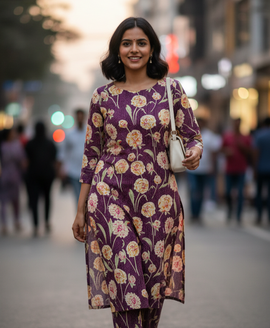 Purple Kantha Cotton Kurta pant