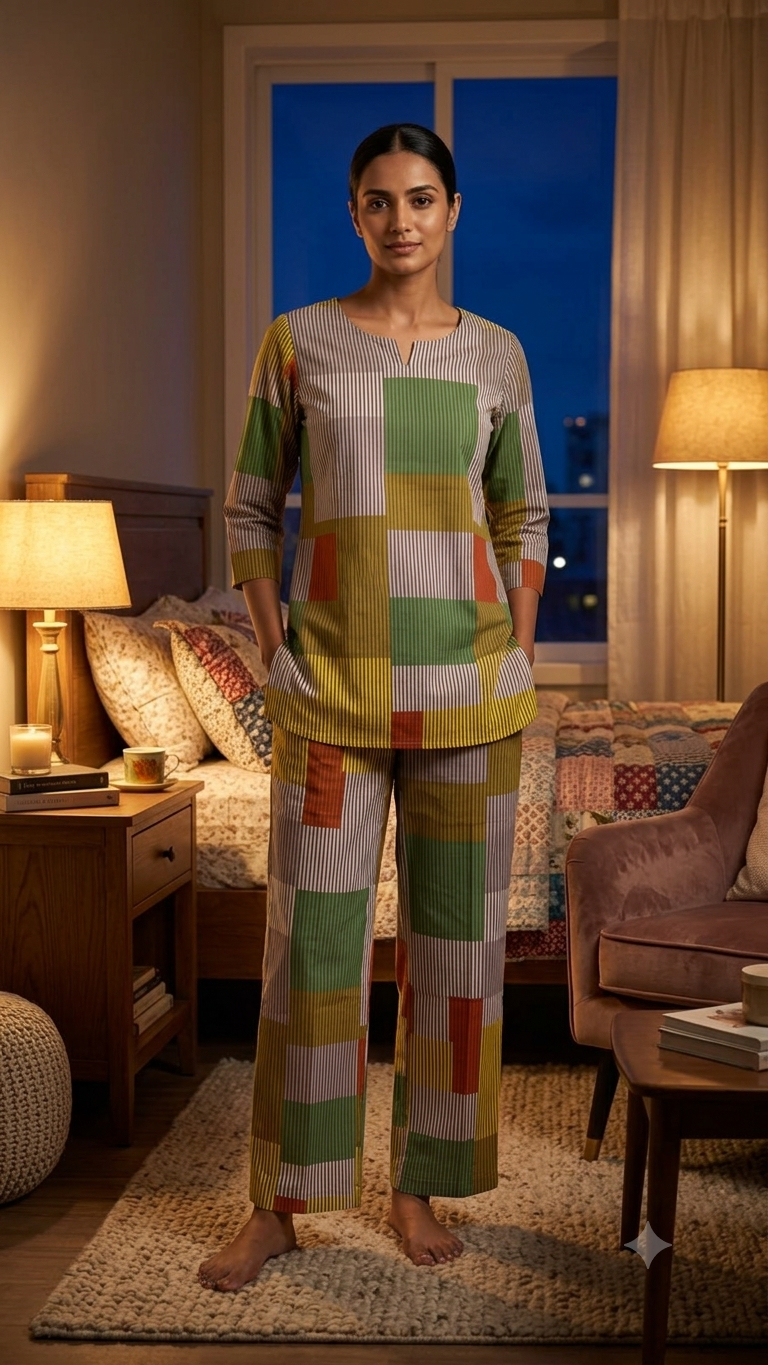 Olive Stripe Printed Cotton Night Suit