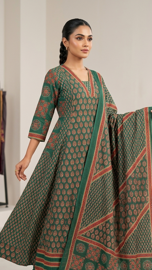 Forest Green Cotton A-Line Salwar