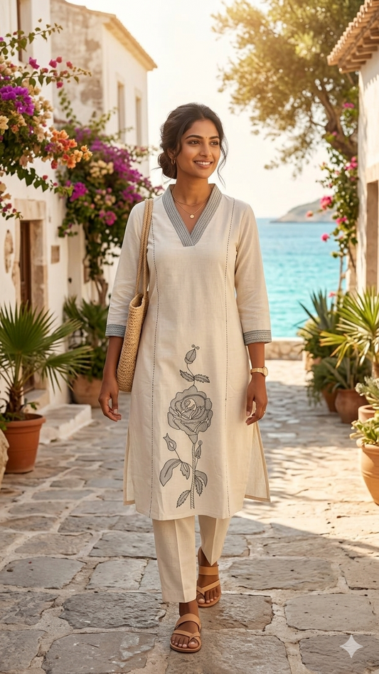 Ivory Bloom Cotton Kurta Set
