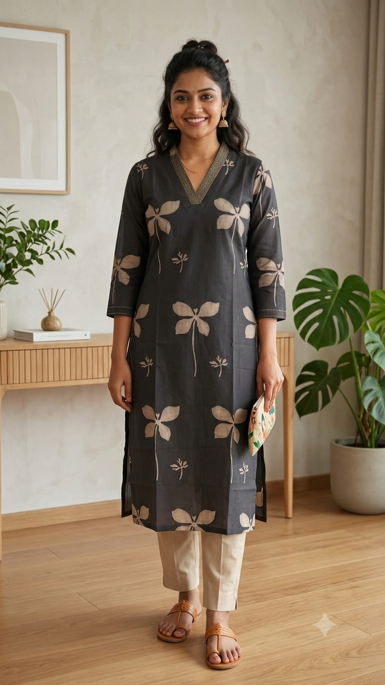 Charcoal Blossom Straight Kurta