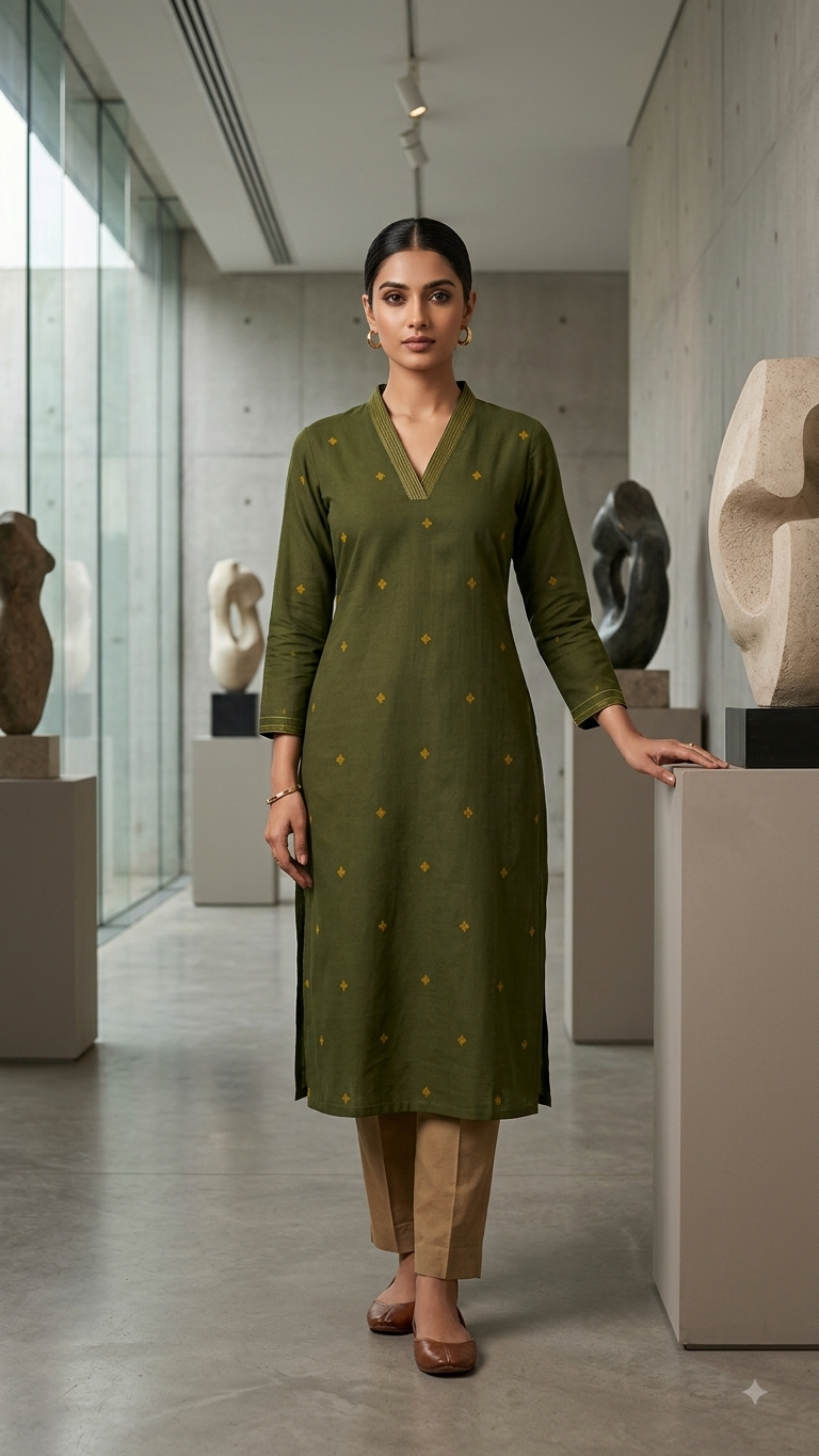 Olive Green Motif Straight Kurta