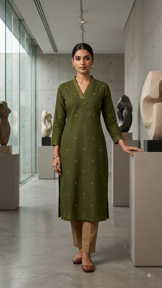 Olive Green Motif Straight Kurta