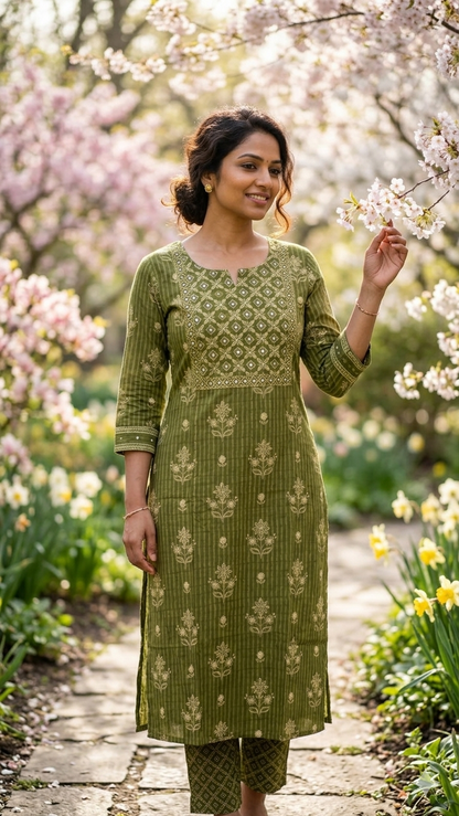 Olive Bloom Cotton Kurta Pant