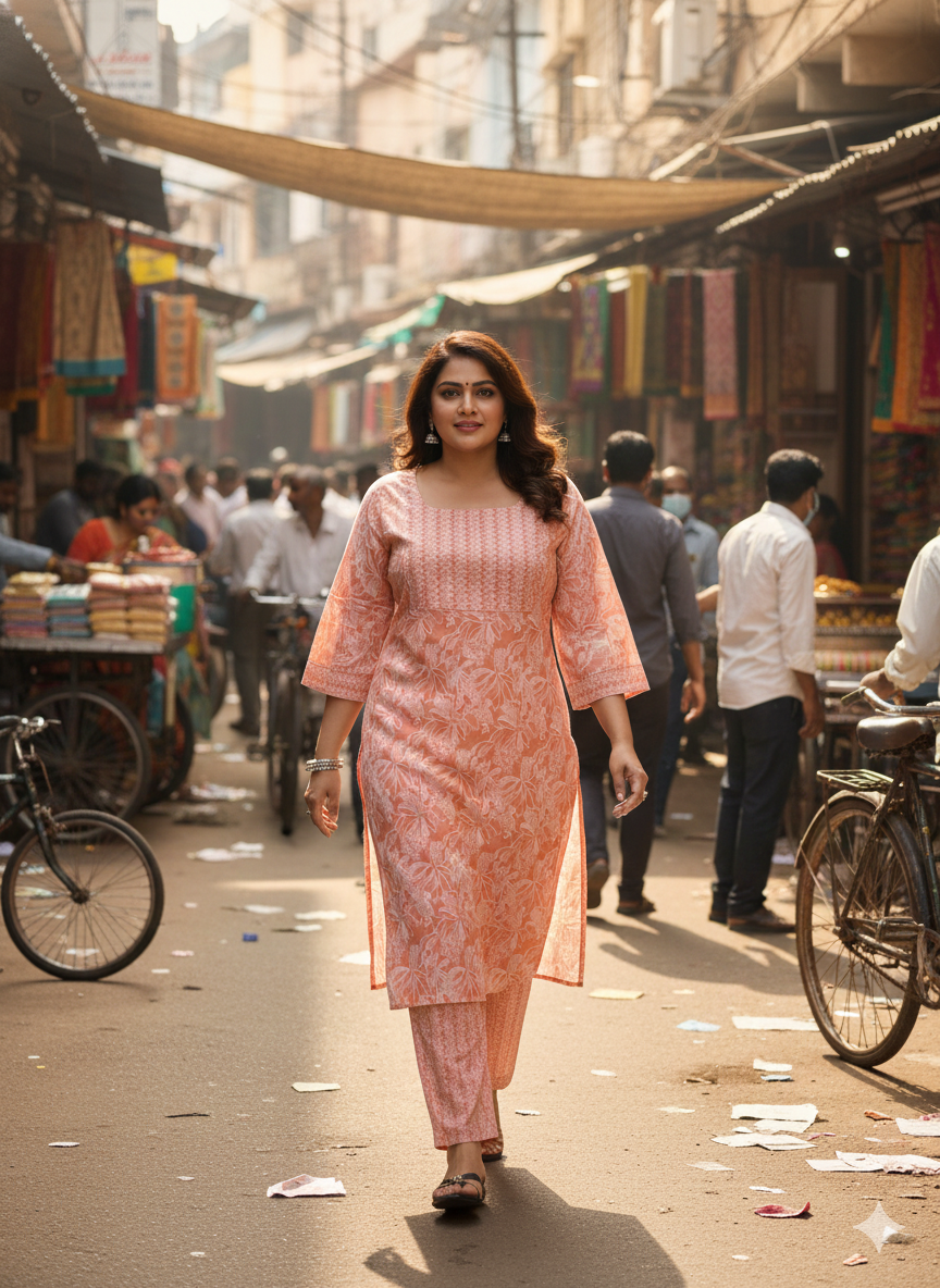 Soft Peach Floral Print Plus Size Kurta Pant